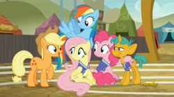 Size: 1277x713 | Tagged: safe, derpibooru import, screencap, applejack, fluttershy, pinkie pie, rainbow dash, snails, earth pony, pegasus, pony, unicorn, buckball season, colt, discovery family logo, male