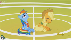 Size: 1276x718 | Tagged: safe, derpibooru import, screencap, applejack, rainbow dash, earth pony, pegasus, pony, buckball season, discovery family logo