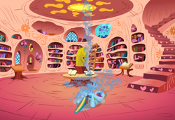 Size: 1280x875 | Tagged: safe, rainbow dash, pegasus, pony, testing testing 1-2-3, chair, library, solo, splash, water