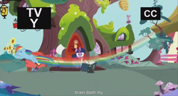 Size: 1248x681 | Tagged: safe, screencap, rainbow dash, twilight sparkle, twilight sparkle (alicorn), alicorn, pegasus, pony, testing testing 1-2-3, female, mare, meme, youtube caption