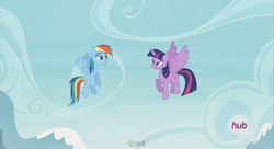 Size: 1251x681 | Tagged: safe, screencap, rainbow dash, twilight sparkle, twilight sparkle (alicorn), alicorn, pegasus, pony, testing testing 1-2-3, female, flying, gmail, hub logo, mare, meme, youtube caption