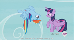 Size: 1251x681 | Tagged: safe, screencap, rainbow dash, twilight sparkle, twilight sparkle (alicorn), alicorn, pegasus, pony, testing testing 1-2-3, female, hub logo, mare, meme, youtube caption