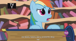 Size: 1250x680 | Tagged: safe, screencap, rainbow dash, pegasus, pony, testing testing 1-2-3, hub logo, meme, solo, youtube caption