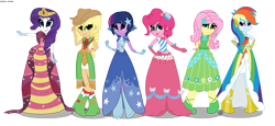 Size: 5240x2405 | Tagged: safe, artist:asika-aida, derpibooru import, applejack, fluttershy, pinkie pie, rainbow dash, rarity, twilight sparkle, equestria girls, the best night ever, clothes, cowboy hat, dress, equestria girls interpretation, gala dress, hat, humane six, mane six, scene interpretation, simple background, stetson, transparent background, vector