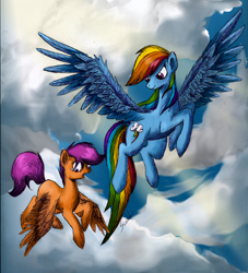 Size: 1700x1876 | Tagged: safe, artist:suahkin, rainbow dash, scootaloo, pegasus, pony, female, mare, scootaloo can fly, wings