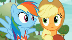 Size: 858x477 | Tagged: safe, derpibooru import, screencap, applejack, rainbow dash, earth pony, pegasus, pony, buckball season, clothes, jersey, looking at each other