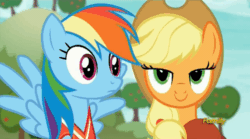 Size: 858x477 | Tagged: safe, derpibooru import, screencap, applejack, rainbow dash, earth pony, pegasus, pony, buckball season, ball, clothes, discovery family logo, jersey, lidded eyes, smiling, thousand yard stare