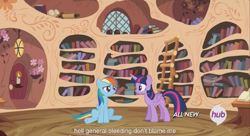 Size: 1251x681 | Tagged: safe, screencap, rainbow dash, twilight sparkle, twilight sparkle (alicorn), alicorn, pegasus, pony, testing testing 1-2-3, female, hub logo, mare, meme, youtube caption