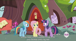 Size: 1250x681 | Tagged: safe, screencap, fluttershy, rainbow dash, twilight sparkle, twilight sparkle (alicorn), alicorn, pegasus, pony, testing testing 1-2-3, female, hub logo, mare, meme, youtube caption