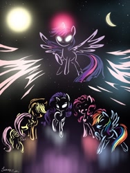 Size: 768x1024 | Tagged: safe, artist:almaska, artist:glancojusticar, derpibooru import, applejack, fluttershy, pinkie pie, rainbow dash, rarity, twilight sparkle, twilight sparkle (alicorn), alicorn, earth pony, pegasus, pony, unicorn, badass, female, glowing eyes, mane six, mare