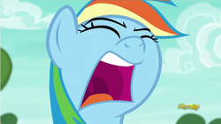 Size: 854x479 | Tagged: safe, derpibooru import, screencap, rainbow dash, pegasus, pony, buckball season, eyes closed, maw, nose in the air, open mouth, solo