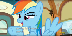 Size: 1920x975 | Tagged: safe, derpibooru import, screencap, rainbow dash, pegasus, pony, buckball season, meme, youtube caption