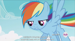 Size: 1251x681 | Tagged: safe, screencap, rainbow dash, pegasus, pony, testing testing 1-2-3, hub logo, meme, solo, youtube caption