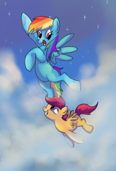 Size: 500x740 | Tagged: safe, artist:supcapn, rainbow dash, scootaloo, pegasus, pony, balancing, cloud, cloudy, flying, scootaloo can fly