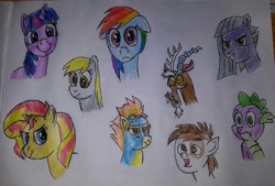 Size: 960x648 | Tagged: safe, artist:rapidsnap, derpibooru import, derpy hooves, discord, limestone pie, pipsqueak, rainbow dash, spike, spitfire, sunset shimmer, twilight sparkle, dragon, pegasus, pony, floppy ears, traditional art