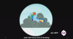 Size: 1251x682 | Tagged: safe, screencap, rainbow dash, pegasus, pony, testing testing 1-2-3, hub logo, meme, solo, youtube caption