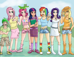 Size: 3296x2550 | Tagged: safe, artist:auburn-ink, derpibooru import, applejack, fluttershy, gummy, pinkie pie, rainbow dash, rarity, spike, twilight sparkle, human, belly button, breasts, cleavage, clothes, converse, facial hair, female, humanized, mane six, midriff, moustache, shoes, sneakers, tanktop