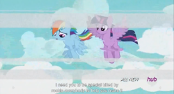 Size: 1251x680 | Tagged: safe, screencap, rainbow dash, twilight sparkle, twilight sparkle (alicorn), alicorn, pegasus, pony, testing testing 1-2-3, female, hub logo, mare, meme, youtube caption