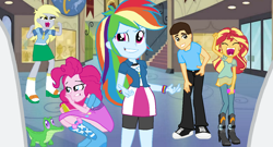 Size: 1262x682 | Tagged: safe, artist:ilovesunsetshimmer99, derpibooru import, derpy hooves, gummy, pinkie pie, rainbow dash, sunset shimmer, oc, equestria girls, balloon, boots, clothes, high heel boots, iphone, shoes, skirt