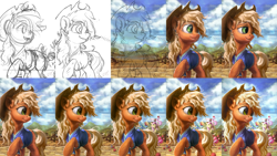 Size: 3400x1920 | Tagged: safe, artist:assasinmonkey, derpibooru import, applejack, fluttershy, pinkie pie, rainbow dash, earth pony, pegasus, pony, buckball season, bucket, process, progress, sketch, wip