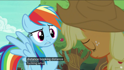 Size: 1920x1080 | Tagged: safe, derpibooru import, screencap, applejack, rainbow dash, earth pony, pegasus, pony, buckball season, meme, misheard, vulgar, youtube caption