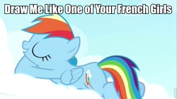 Size: 800x450 | Tagged: safe, rainbow dash, pegasus, pony, testing testing 1-2-3, draw me like one of your french girls, image macro, meme, roflbot, solo