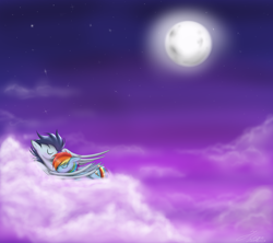 Size: 3600x3200 | Tagged: safe, artist:cheecatkatfury, rainbow dash, soarin', pegasus, pony, blushing, cloud, cloudy, cuddling, cute, eyes closed, female, love, male, moon, night, romance, romantic, shipping, sleeping, smiling, snuggling, soarindash, spread wings, straight