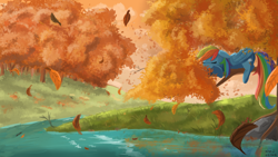 Size: 1280x720 | Tagged: safe, artist:ailynd, derpibooru import, rainbow dash, pegasus, pony, autumn, eyes closed, leaves, prone, river, scenery, sleeping, solo, tree