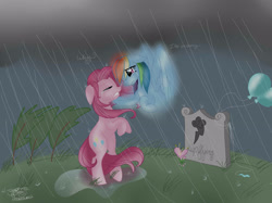 Size: 2592x1936 | Tagged: safe, artist:noobasaur62, derpibooru import, pinkie pie, rainbow dash, earth pony, ghost, ghost pony, pegasus, pony, bipedal, birthday, crying, dead, female, flower, grave, lesbian, mare, pinkamena diane pie, pinkiedash, rain, sad, shipping, spirit, wet mane