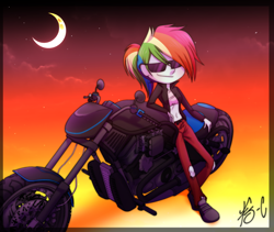 Size: 900x758 | Tagged: safe, artist:fj-c, derpibooru import, rainbow dash, equestria girls, belly button, midriff, motorcycle, solo, sunglasses