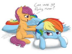 Size: 1024x768 | Tagged: safe, artist:novaintellus, derpibooru import, rainbow dash, scootaloo, pegasus, pony, dialogue, duo, female, filly, kneading, mare, massage, pillow, prone, tired