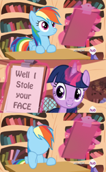 Size: 767x1240 | Tagged: safe, edit, edited screencap, screencap, rainbow dash, twilight sparkle, twilight sparkle (alicorn), alicorn, pegasus, pony, testing testing 1-2-3, asdfmovie, clipboard, female, mare, no face