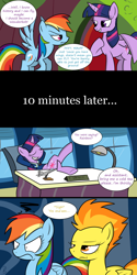 Size: 1500x3000 | Tagged: safe, artist:pandramodo, rainbow dash, spitfire, twilight sparkle, twilight sparkle (alicorn), alicorn, pegasus, pony, testing testing 1-2-3, angry, clothes, comic, desk lamp, f-22 raptor, female, mare, office, plane, reclining, smug, suit, unamused, uniform, wings