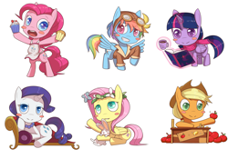 Size: 3543x2479 | Tagged: safe, artist:figgot, derpibooru import, angel bunny, applejack, fluttershy, pinkie pie, rainbow dash, rarity, twilight sparkle, twilight sparkle (alicorn), alicorn, earth pony, pegasus, pony, unicorn, apple, apron, bipedal, bits, book, clothes, cupcake, explicit source, fainting couch, floral head wreath, food, goggles, jacket, jewelry, mane six, necklace, pearl necklace, scarf