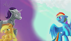 Size: 1169x683 | Tagged: safe, artist:zilvart, derpibooru import, applejack, rainbow dash, twilight sparkle, earth pony, pegasus, pony, armor