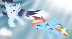 Size: 1024x554 | Tagged: safe, artist:digital-pony-artist, rainbow dash, soarin', pegasus, pony, eyes closed, female, flying, happy, male, shipping, smiling, soarindash, straight, sunshine