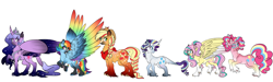 Size: 5000x1500 | Tagged: safe, artist:rarityforever, derpibooru import, applejack, fluttershy, pinkie pie, rainbow dash, rarity, twilight sparkle, twilight sparkle (alicorn), alicorn, classical unicorn, earth pony, pegasus, pony, unicorn, absurd resolution, alternate universe, braid, braided tail, cloven hooves, colored wings, colored wingtips, curved horn, ethereal mane, eye scar, eyepatch, jewelry, leonine tail, line-up, mane six, missing eye, multicolored wings, rainbow feathers, rainbow power, rainbow wings, redesign, regalia, scar, simple background, socks (coat marking), starry mane, tail feathers, unshorn fetlocks, white background