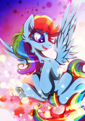 Size: 1358x1920 | Tagged: safe, artist:rariedash, derpibooru import, rainbow dash, pegasus, pony, flying, open mouth, solo