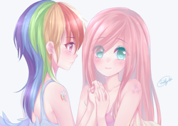 Size: 2000x1413 | Tagged: safe, artist:odaefnyo, derpibooru import, fluttershy, rainbow dash, human, alternative cutie mark placement, cute, female, flutterdash, humanized, lesbian, looking at each other, shipping, shoulder cutie mark, simple background, white background