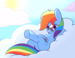 Size: 2456x1900 | Tagged: safe, artist:mr-degration, derpibooru import, rainbow dash, pegasus, pony, cloud, solo, sunglasses