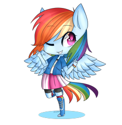 Size: 2000x2048 | Tagged: safe, artist:shiromidorii, derpibooru import, rainbow dash, equestria girls, chibi, grin, one eye closed, peace sign, ponied up, raised leg, simple background, smiling, solo, transparent background