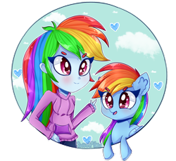 Size: 1024x938 | Tagged: safe, artist:vixelzf, derpibooru import, rainbow dash, equestria girls, clothes, colored pupils, cute, dashabetes, heart, hoodie, human ponidox, open mouth, pants, self ponidox, smiling, solo