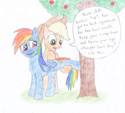 Size: 946x855 | Tagged: safe, artist:friendshipishorses, derpibooru import, applejack, rainbow dash, earth pony, pegasus, pony, applebucking, appledash, awkward, blushing, female, hooves, lesbian, mare, shipping, smiling, teaching, traditional art, tree