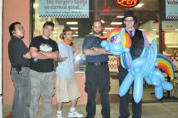 Size: 960x637 | Tagged: safe, artist:noordinaryballoonman, rainbow dash, human, balloon animal, five guys, irl, irl human, photo