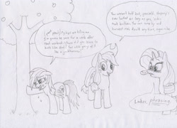 Size: 3496x2512 | Tagged: safe, artist:friendshipishorses, derpibooru import, applejack, rainbow dash, rarity, earth pony, pegasus, pony, unicorn, blushing, monochrome, out of context, sweat, tongue out, traditional art, tree