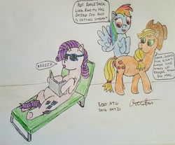 Size: 960x793 | Tagged: safe, artist:rapidsnap, derpibooru import, applejack, rainbow dash, rarity, earth pony, pegasus, pony, unicorn, sleeping, sunbathing, sunburn, traditional art, zzz