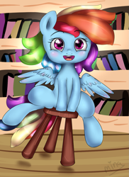 Size: 833x1147 | Tagged: safe, artist:php96, rainbow dash, pegasus, pony, testing testing 1-2-3, cute, dashabetes, scene interpretation, solo, stool, stooldash, younger