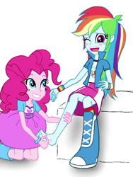 Size: 510x679 | Tagged: dead source, safe, artist:asdf314159265, derpibooru import, pinkie pie, rainbow dash, equestria girls, blushing, feet, female, laughing, lesbian, pinkiedash, shipping, tickling