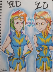 Size: 1160x1568 | Tagged: safe, artist:emichaca, derpibooru import, lightning dust, rainbow dash, human, glare, goggles, humanized, wonderbolt trainee uniform