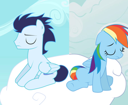 Size: 1024x838 | Tagged: safe, artist:rulette, rainbow dash, soarin', pegasus, pony, female, male, sad, shipping, soarindash, straight